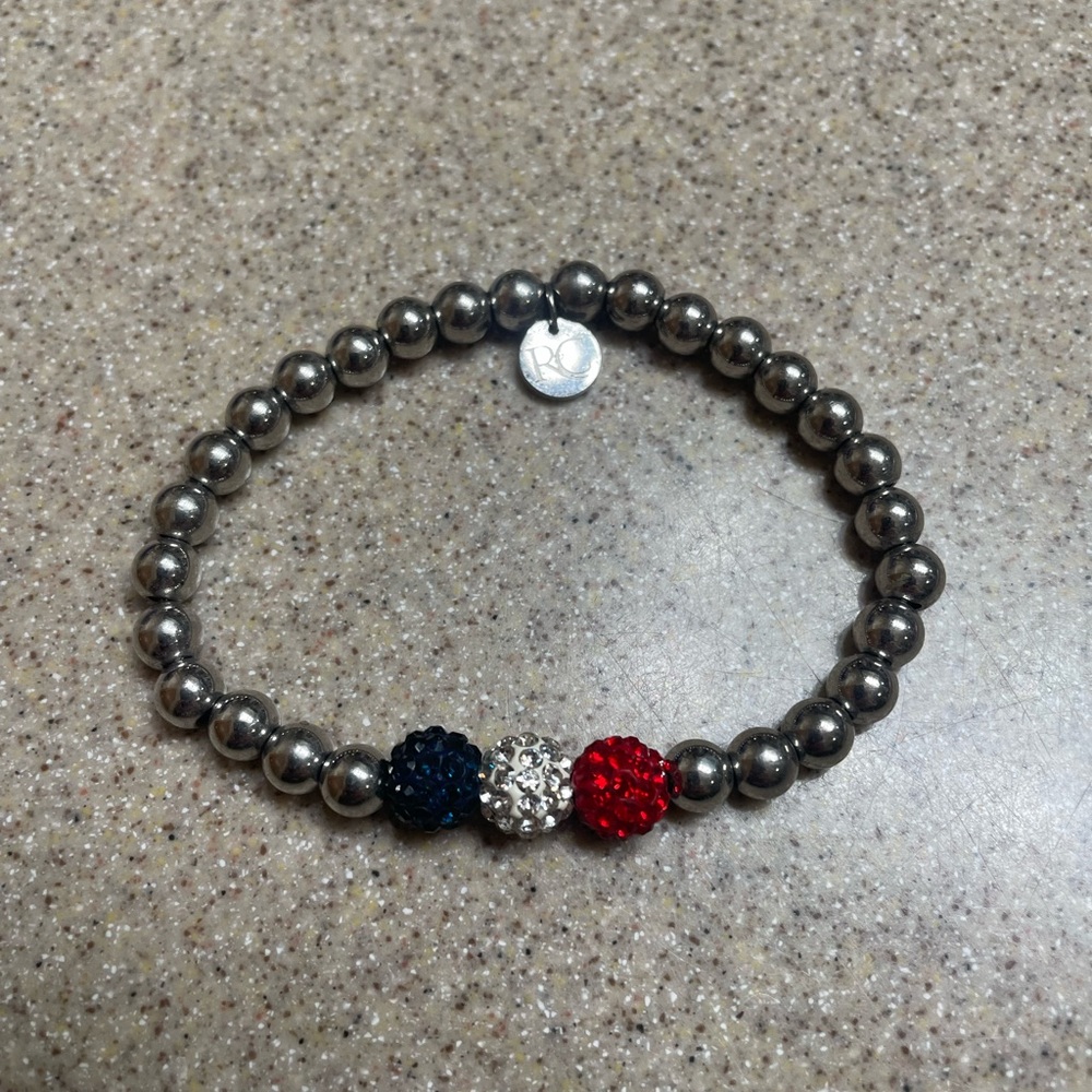 Rustic Cuff Silver Beaded Bracelet with Red, Blue, and White Accent Beads